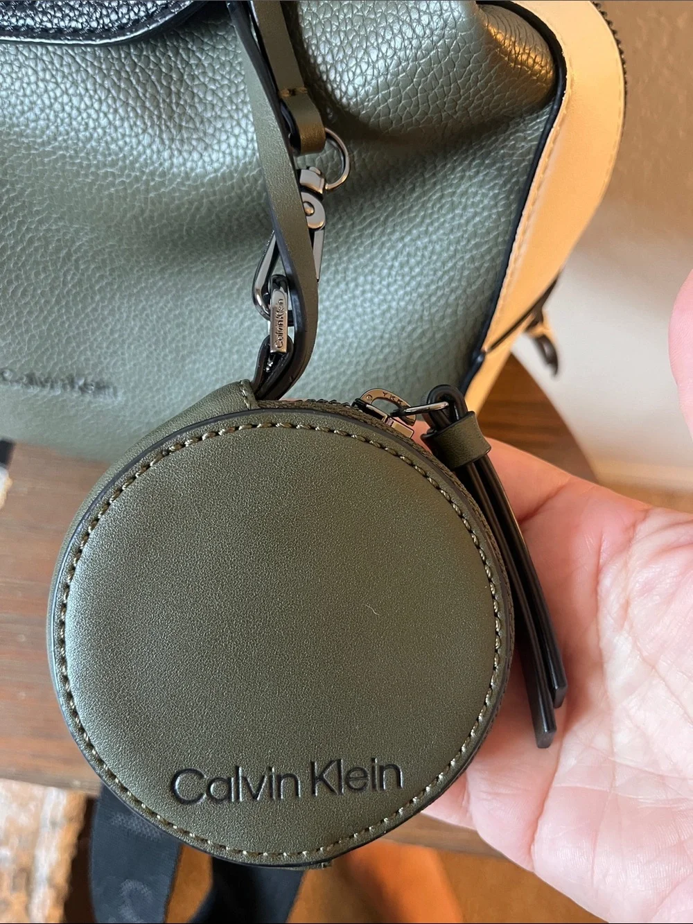 Calvin Klein Olive and Black Pebble Leather Two-Tone Backpack with Coin Pouch